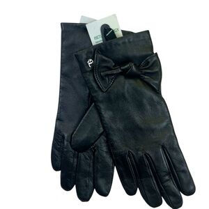 Etienne Aigner NWT Rich Chic Black 100% Leather Winter Gloves Bow Detail Size S